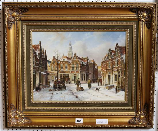 Gert-Jan Veenstra (1957-) 19th century Dutch street scene in winter, 12 x 16in.
